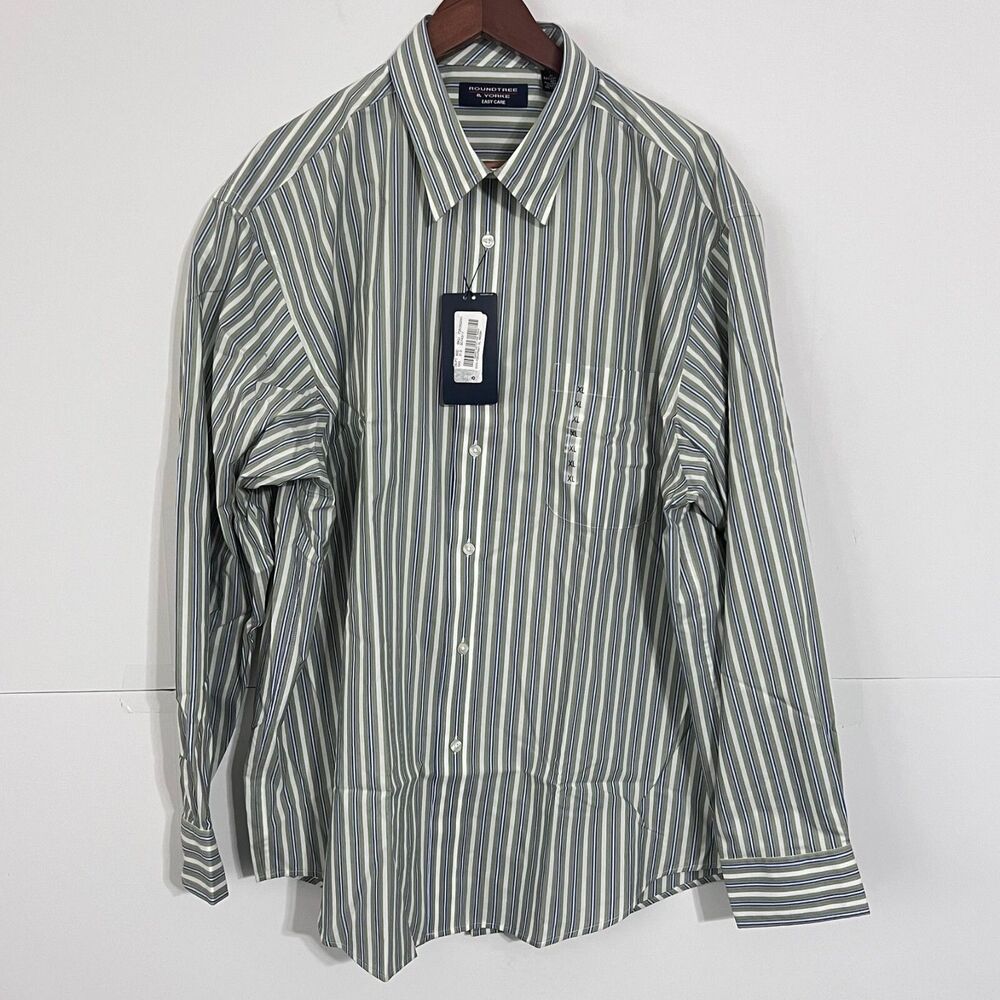 Roundtree Yorke Mens Shirt Size XL Grey Striped Long Sleeve Easy Care Button Up